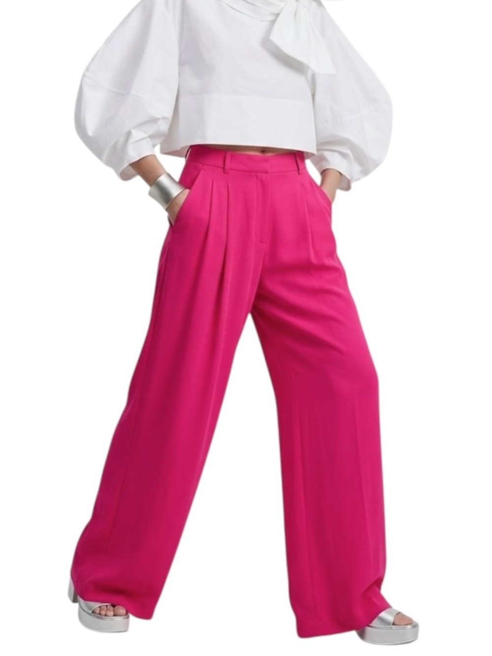 Monoprix France fuchsia pink pleated wide leg old money baggy trousers EU 40